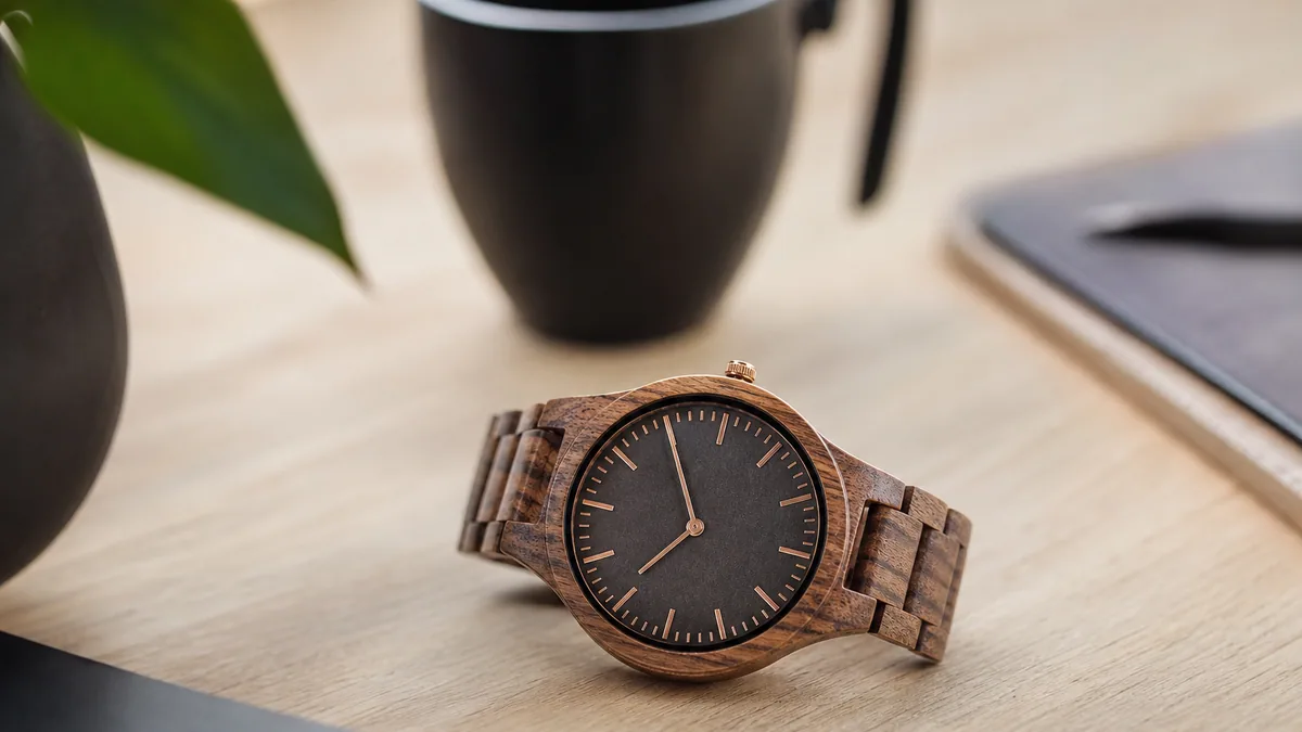 Montre homme à boîtier et bracelet en bois sombre sur fond clair, cadran minimaliste