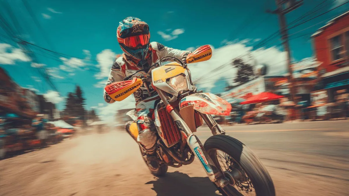 Jeune pilote équipé sur une moto enduro homologuée, sur une route tropicale de Guadeloupe