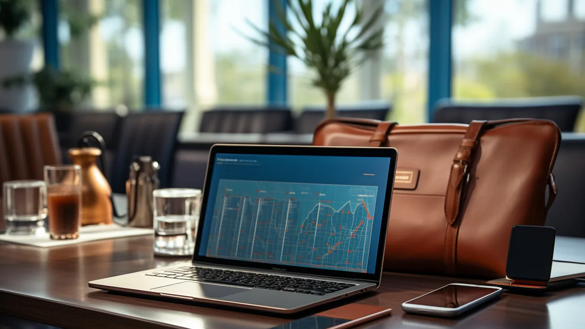 Ordinateur portable professionnel ouvert sur un bureau, relié à un écran externe et à des accessoires de travail