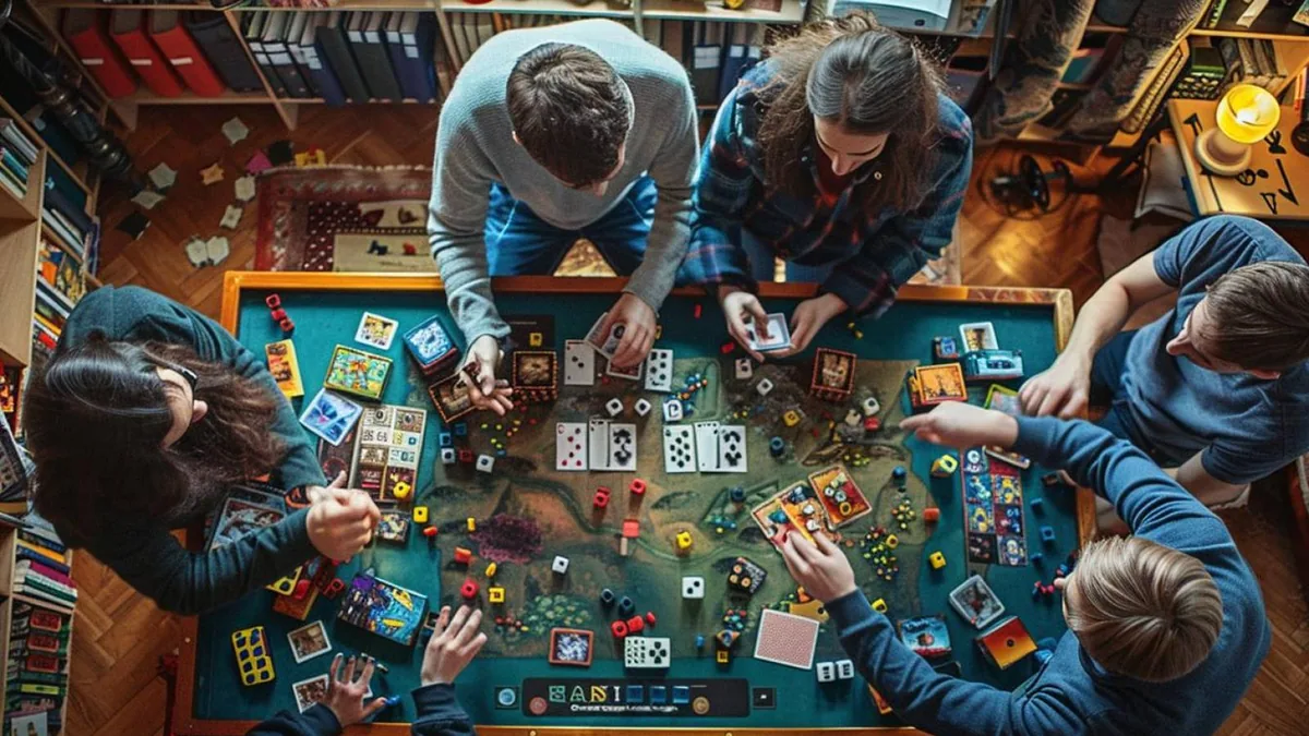 Table de salon préparée pour une soirée jeux de société entre amis, avec cartes, dés et collations