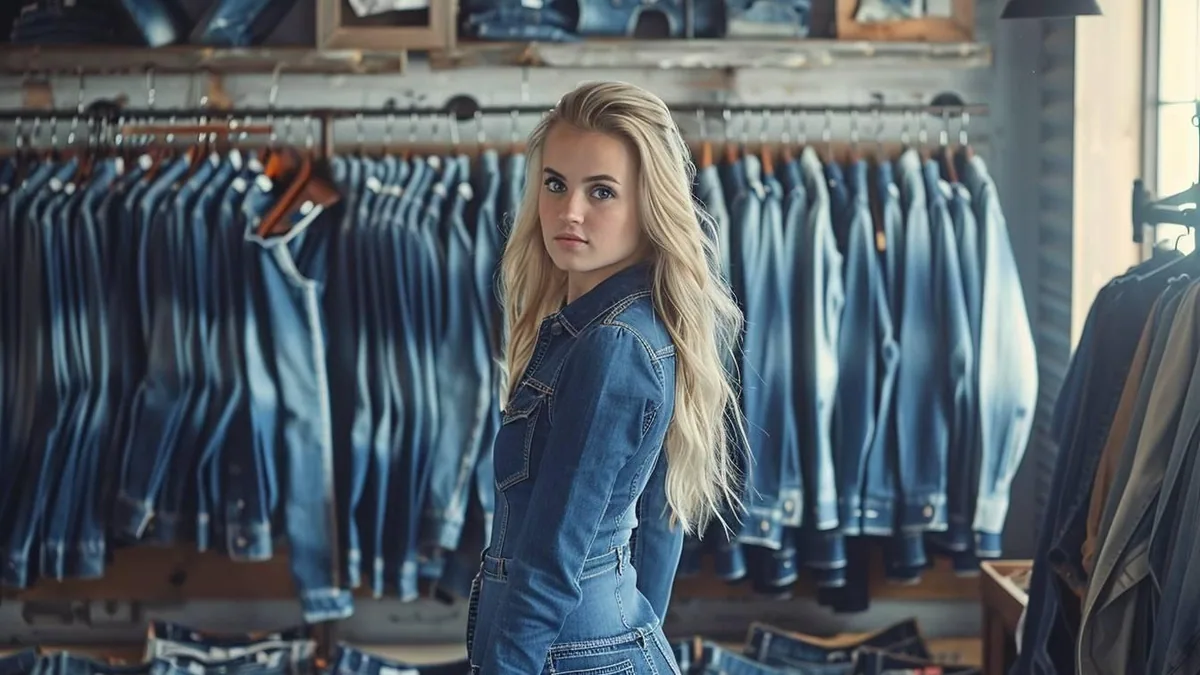 Femme essayant une robe en denim bleu devant un miroir dans une boutique de vêtements