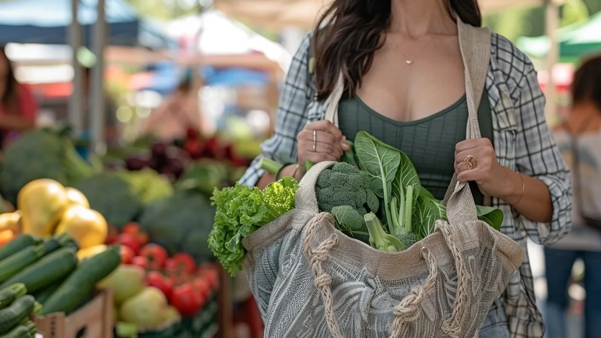 Panier de légumes de saison, bocaux en vrac et produits fermiers sur un marché local