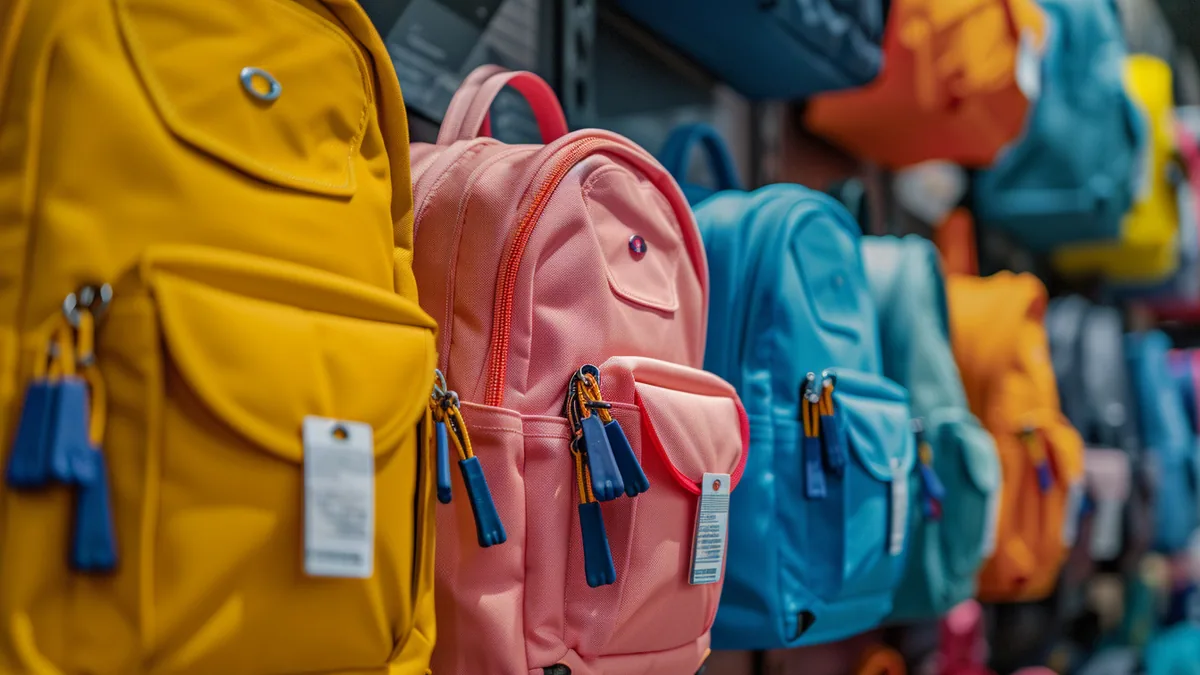 Cartable scolaire à roulettes coloré posé près de cahiers et d’une liste de fournitures