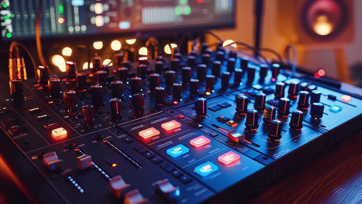 Musicien devant un ordinateur, interface audio multicanal et micro préparant un TikTok Live musical