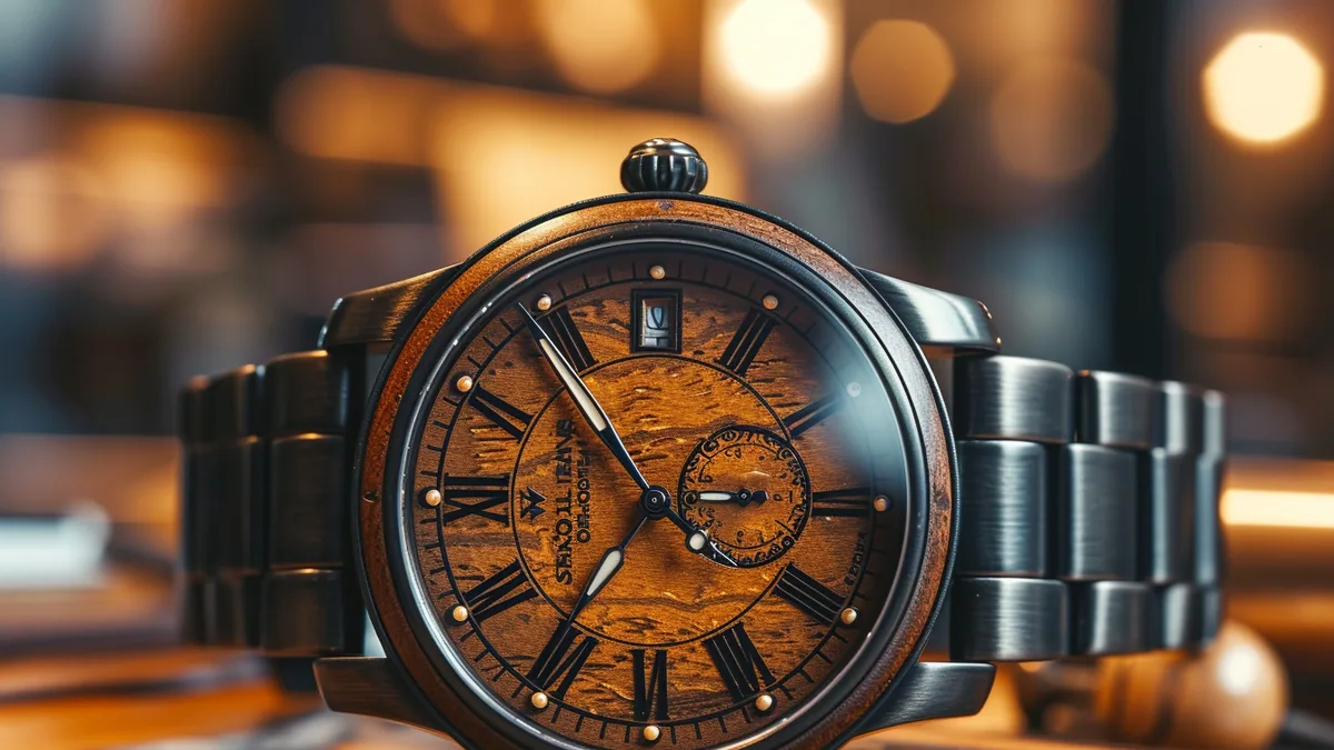 Montre pour homme en bois brun avec gravure personnalisée au dos du boîtier, posée sur un bureau