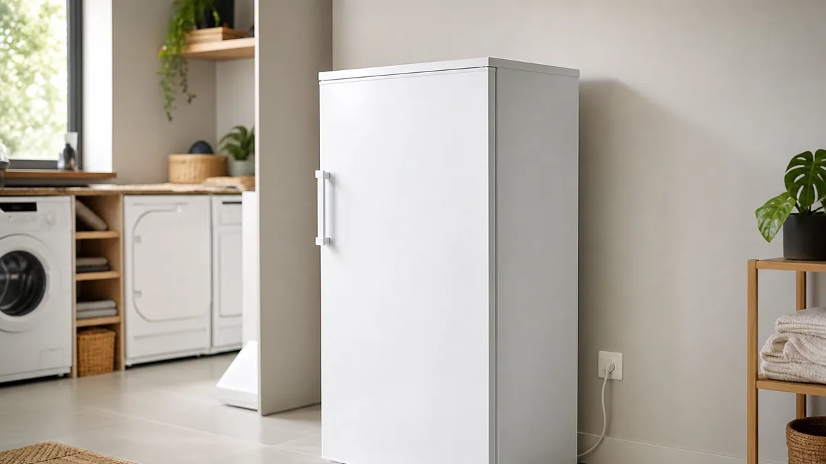 Congélateur armoire blanc dans une buanderie claire, près d'une prise murale