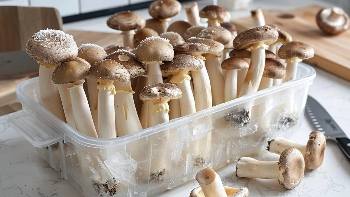 Champignons frais émincés dans une boîte hermétique prêts à être placés au congélateur