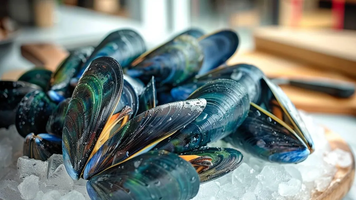Moules fraîches décoquillées dans une boîte hermétique avec leur jus filtré avant congélation