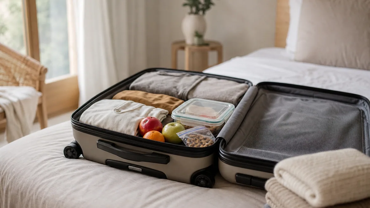 Valise cabine ouverte sur un lit avec vêtements pliés, boîte hermétique et fruits frais