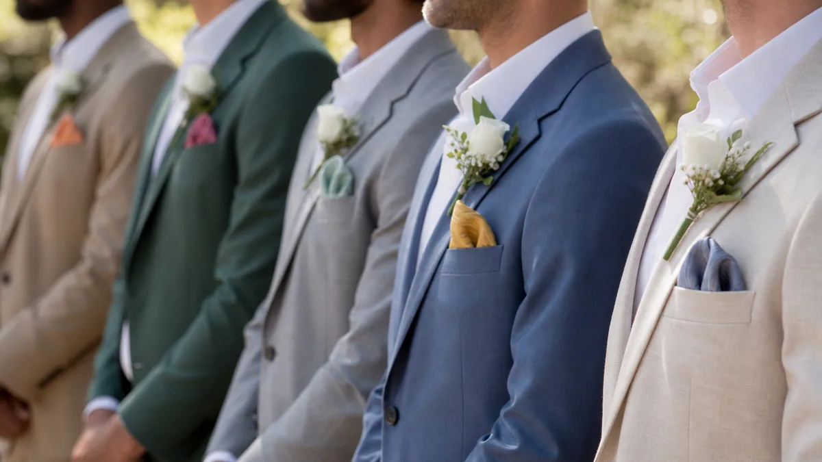 Pochette bleu pétrole pliée dans la poche d’une veste de mariage bleu marine
