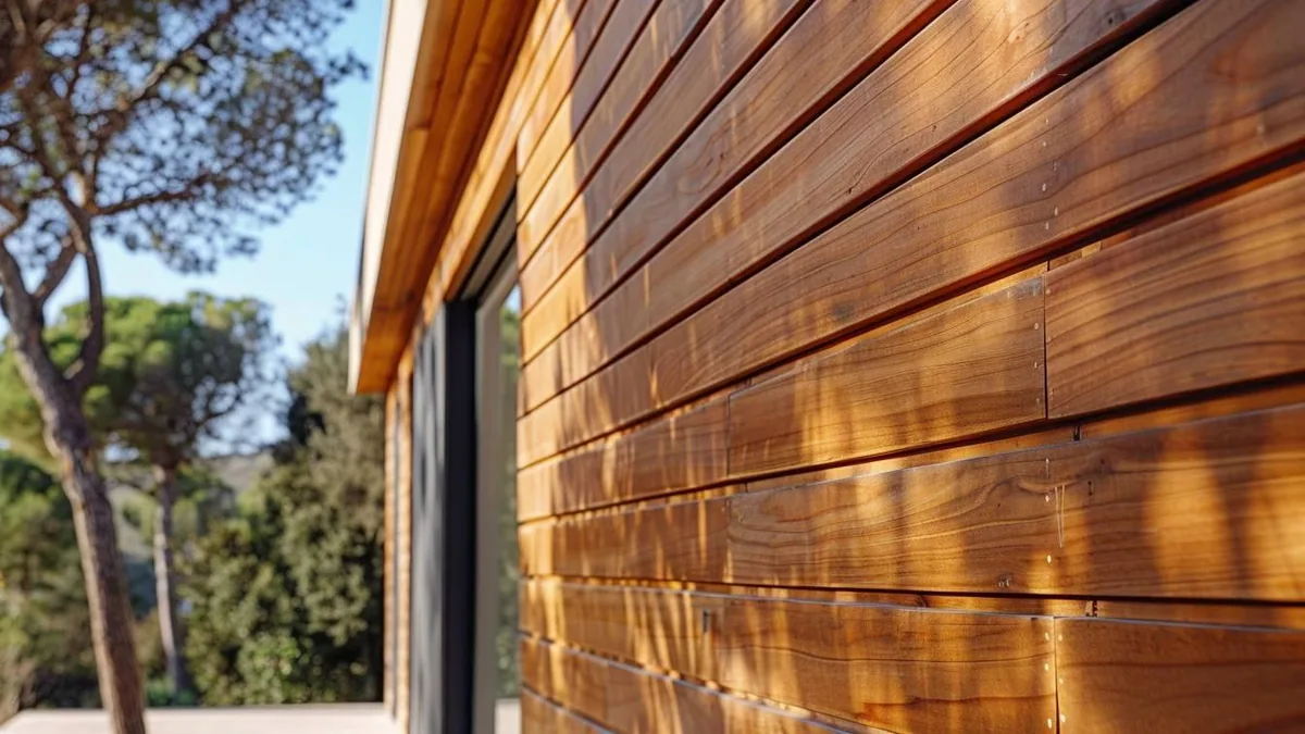 Façade de maison avec lames de bardage en bois horizontal, tasseaux et outils de pose