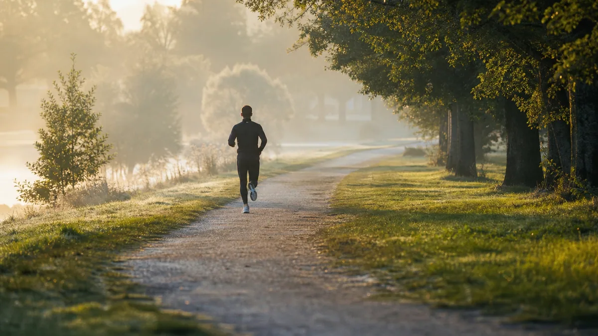 Coureur vu de dos sur un chemin de parc bordé d'arbres dans la lumière du matin