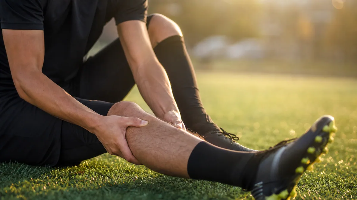 Sportif s'étirant le mollet sur un terrain en fin d'entraînement, lumière de fin de journée