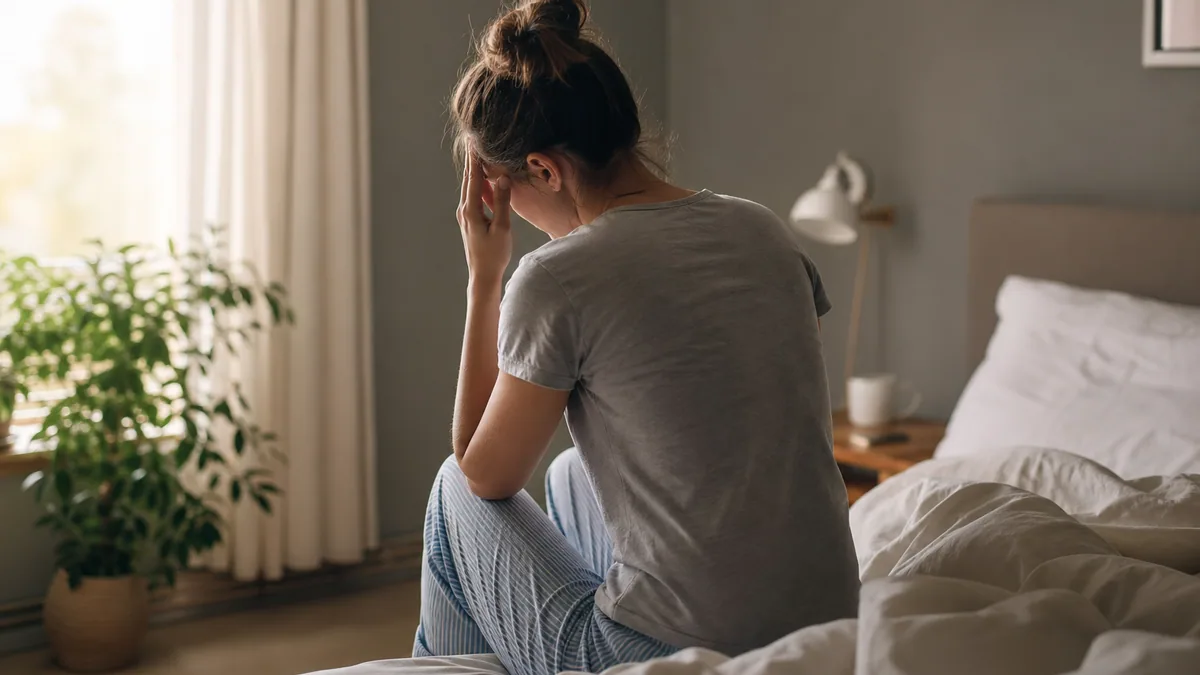 Personne assise au bord du lit, une main sur le front, juste après s'être levée