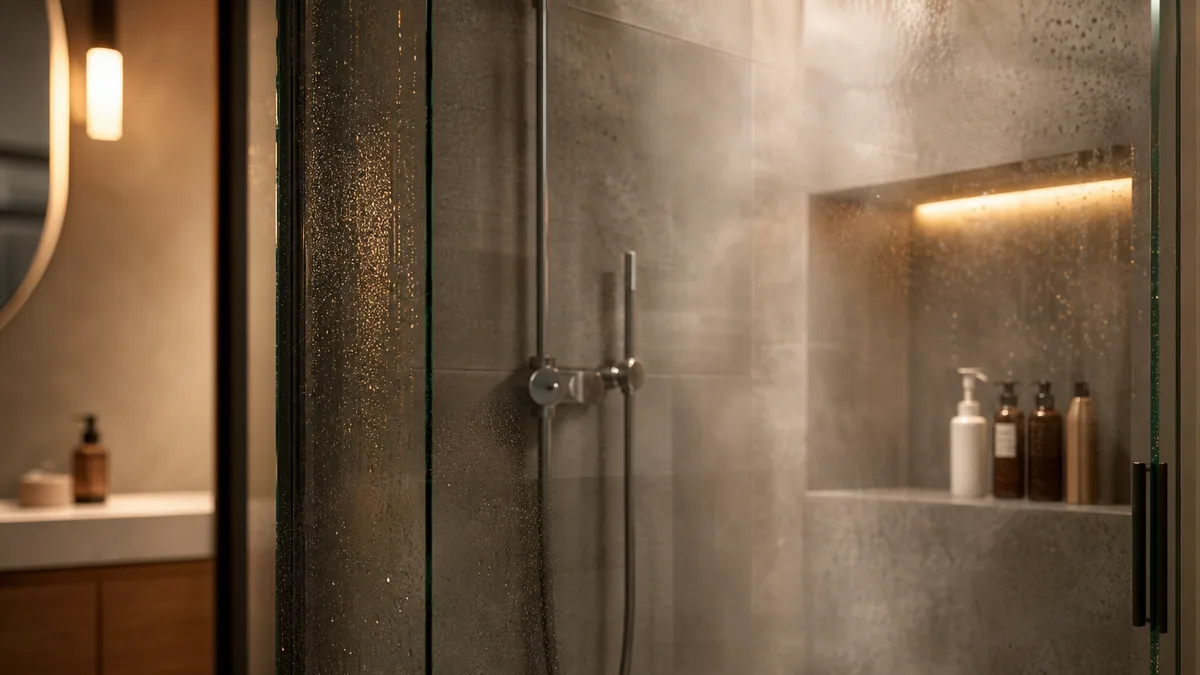 Douche moderne avec de la vapeur d'eau, ambiance calme et lumineuse