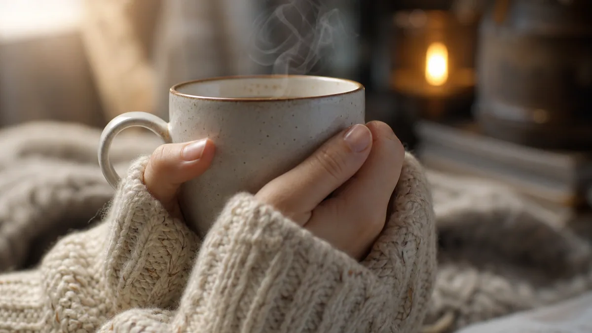 Mains resserrées autour d'une tasse de boisson chaude pour se réchauffer
