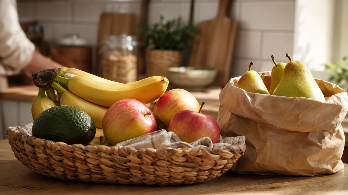 Corbeille de fruits variés avec pommes, bananes et avocats posée sur un plan de travail