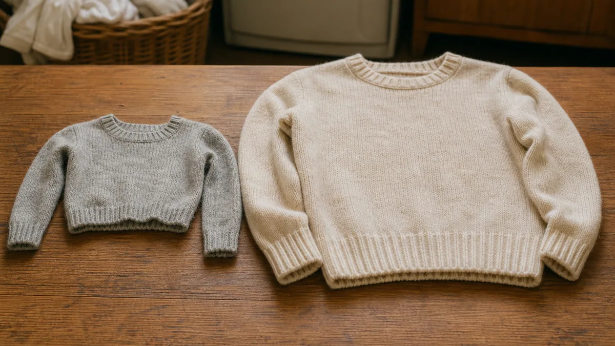 Pull en laine rétréci posé à côté d'un pull de taille normale sur une table