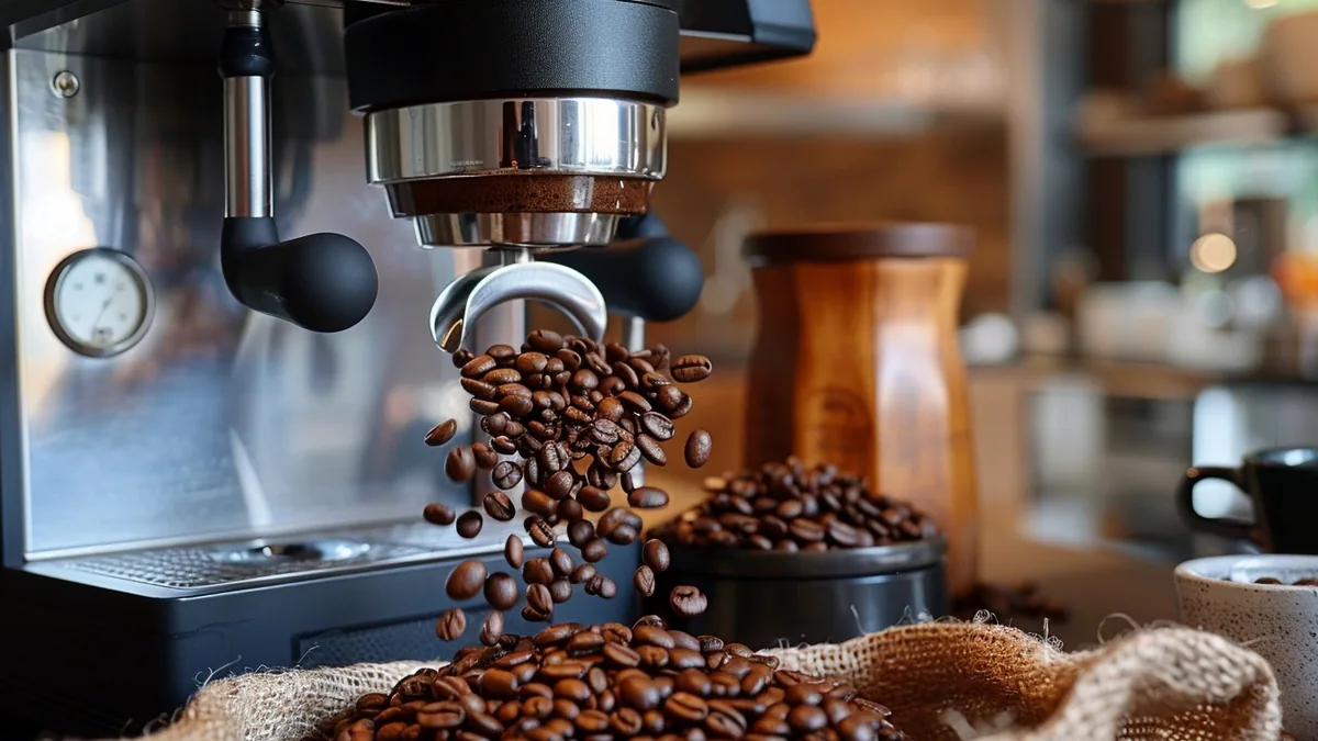 Grains de café torréfiés versés dans le bac d’une machine automatique avec broyeur