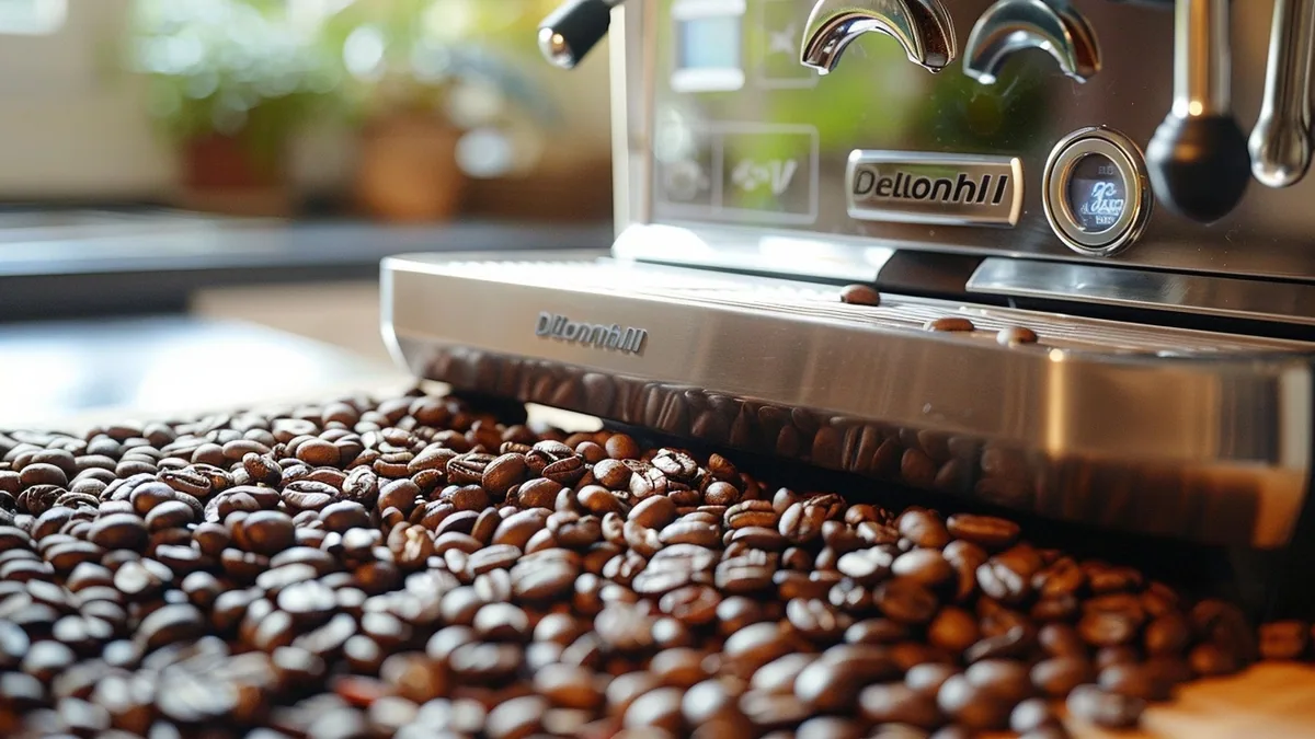 Grains de café torréfiés versés dans le bac d’une machine expresso automatique De’Longhi