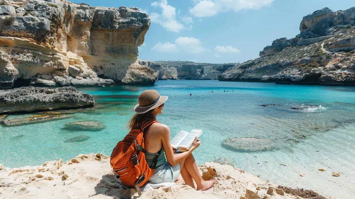 Jeunes adultes étudiant l’anglais sur une terrasse face à la mer à Malte