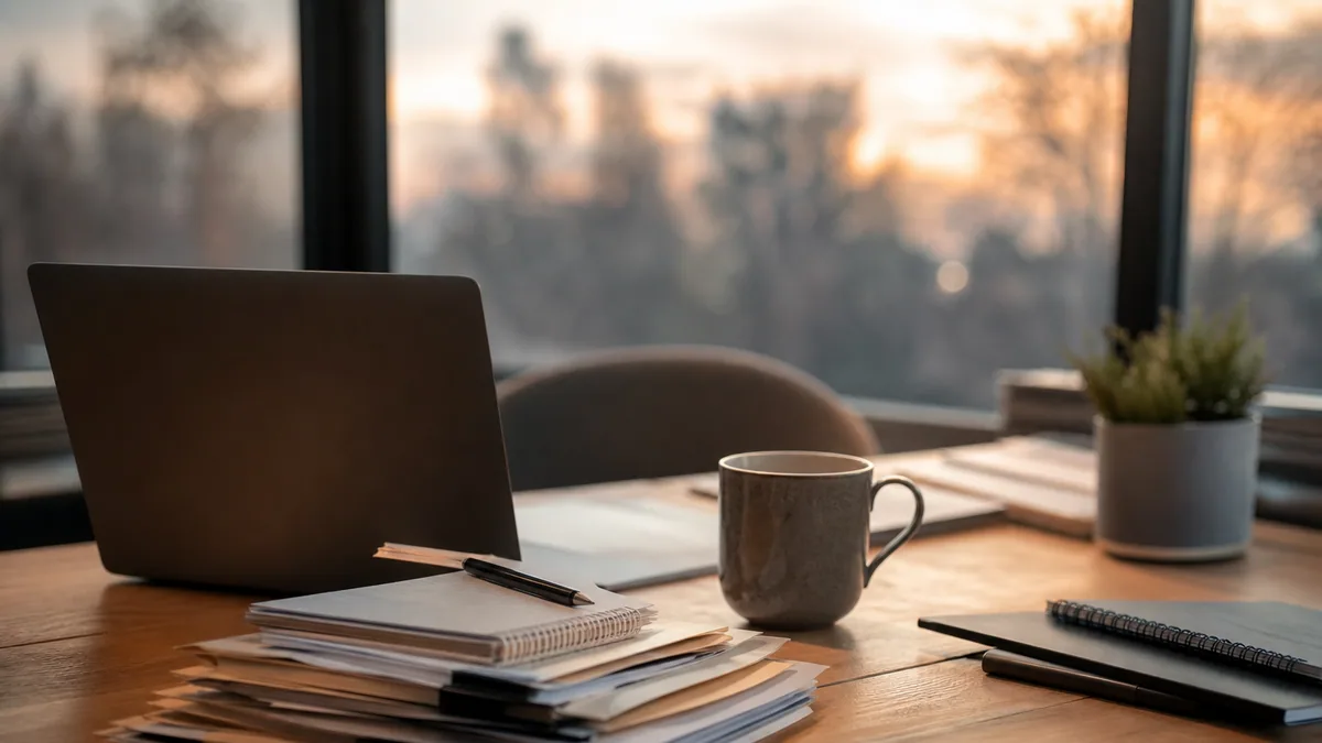 Personne assise à un bureau, regard détourné de son ordinateur, entourée de tâches en attente