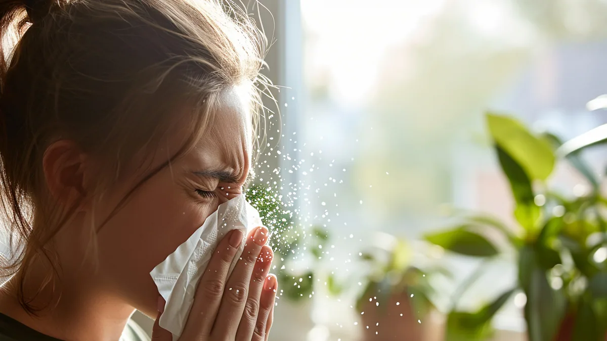 Personne éternuant dans un mouchoir près d’une fenêtre, avec des fleurs et du pollen à l’extérieur