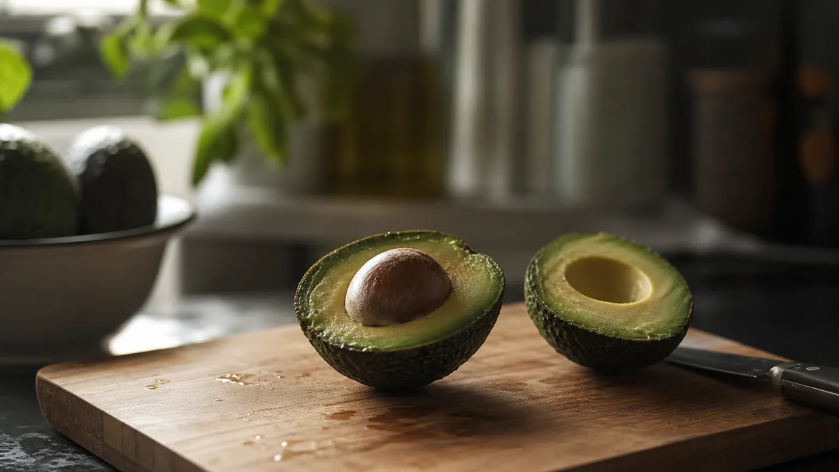 Avocat coupé en deux avec noyau apparent posé sur une planche à découper en bois