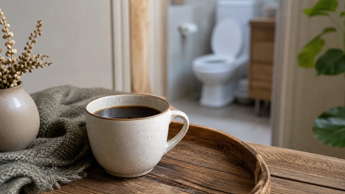 Tasse de café fumante posée sur une table en bois près d'une fenêtre le matin