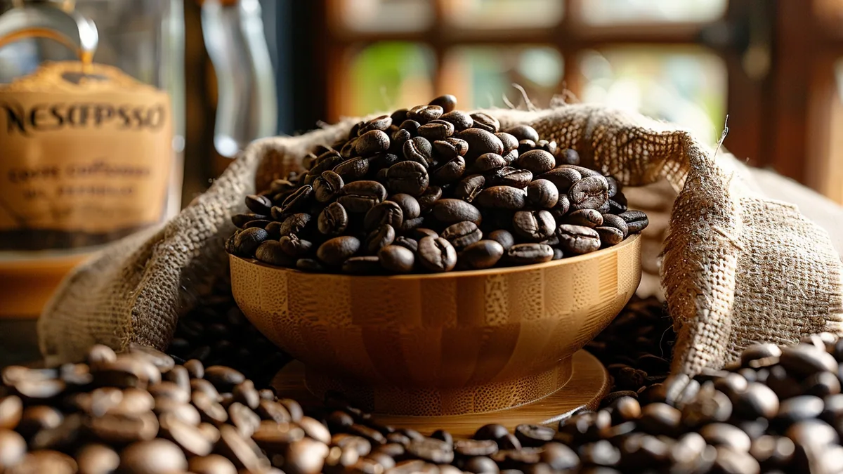 Grains de café torréfiés versés près d’une tasse d’espresso à la crema dorée