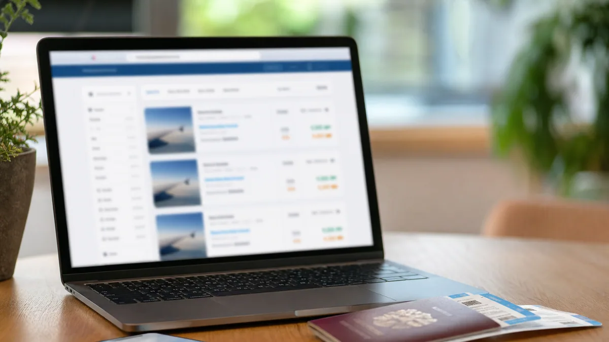 Écran d'ordinateur portable affichant un comparateur de vols, à côté d'un smartphone et d'un passeport