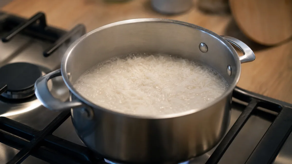 Riz blanc cuit dans une casserole en inox posée sur une cuisinière