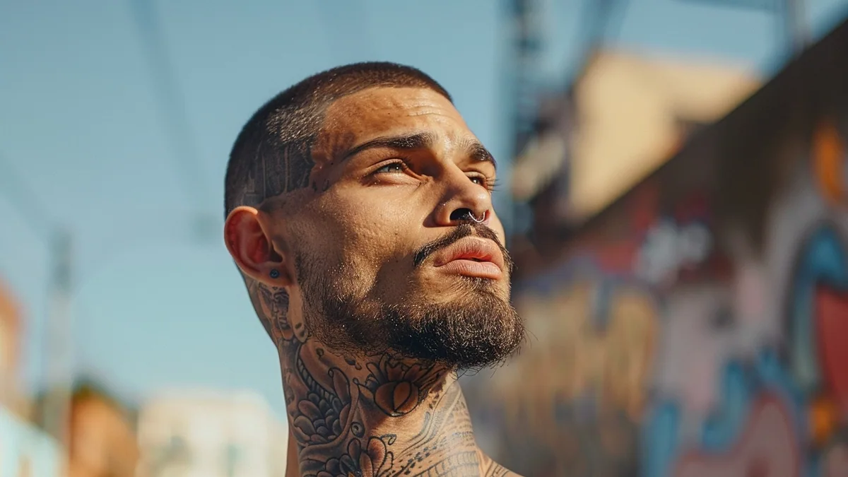 Homme de profil avec tatouage graphique noir sur le côté du cou et barbe courte