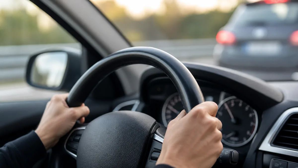 Gros plan sur un volant de voiture tenu par un conducteur pendant un freinage
