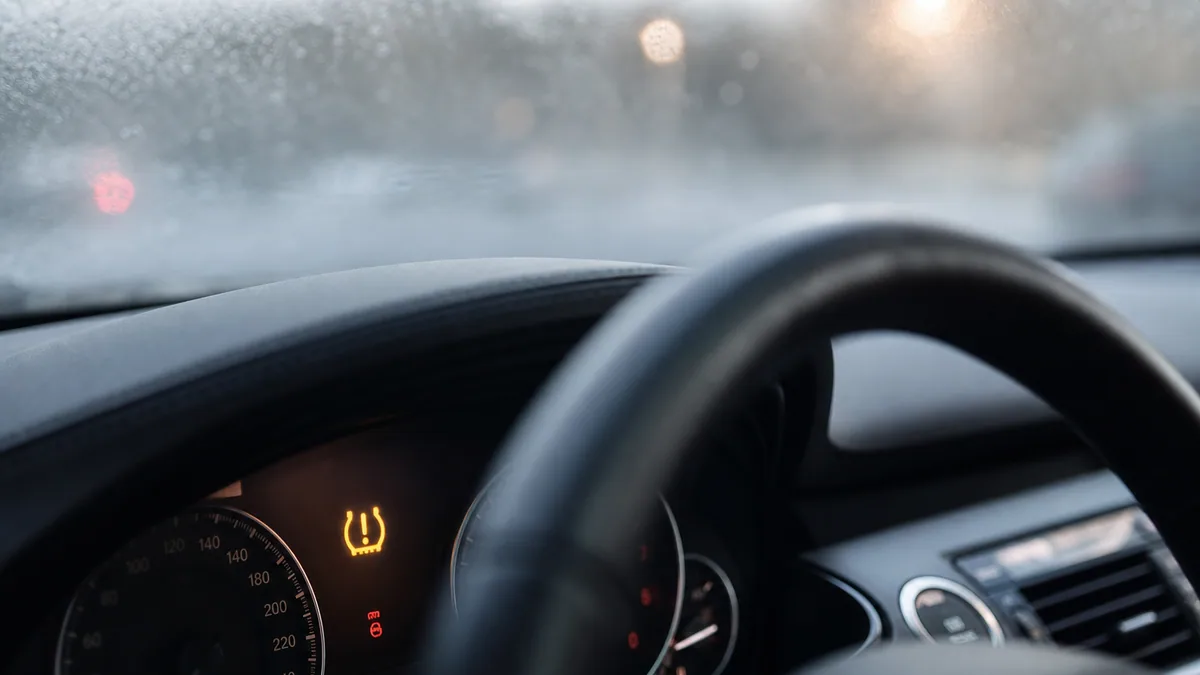 Tableau de bord de voiture avec voyant de pression des pneus allumé par temps froid