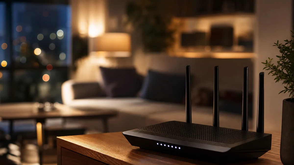 Routeur wifi allumé sur un meuble de salon en soirée, lumières de la ville en arrière-plan
