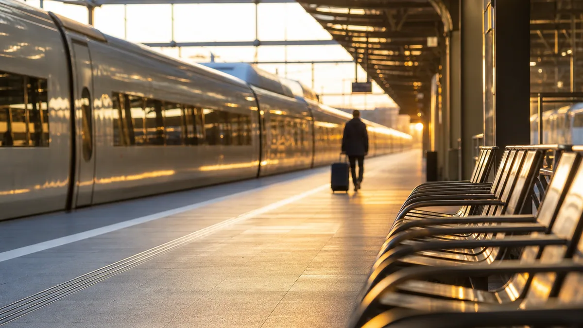 Voyageur avec une valise à roulettes sur un quai de gare au lever du soleil