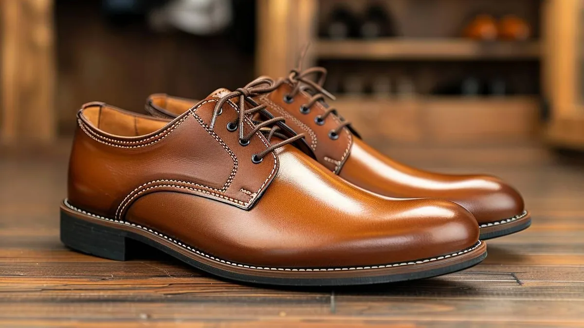 Derbies marron en cuir posées près d’un pantalon bleu marine et d’une ceinture assortie