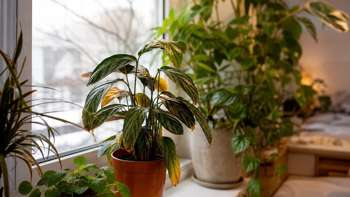 Plantes d'intérieur en pot près d'une fenêtre en hiver, feuilles partiellement jaunies