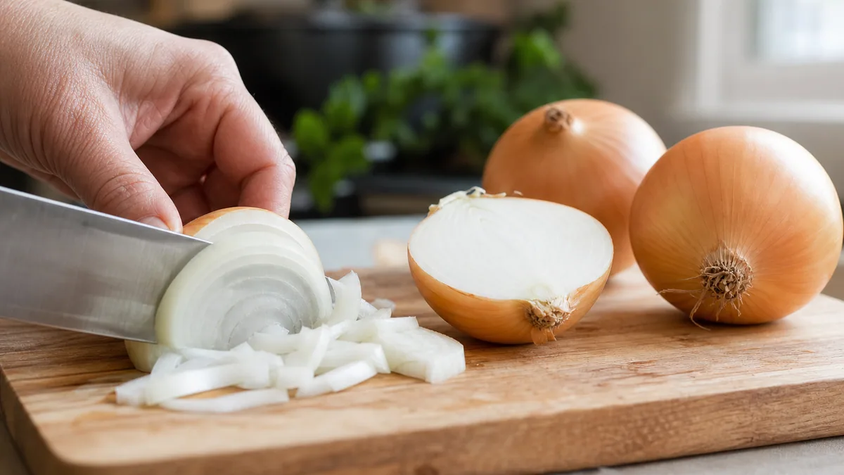 Oignons coupés en tranches sur une planche à découper en bois dans une cuisine