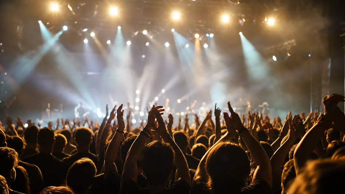 Foule de spectateurs éclairée par les lumières de scène lors d'un concert en salle
