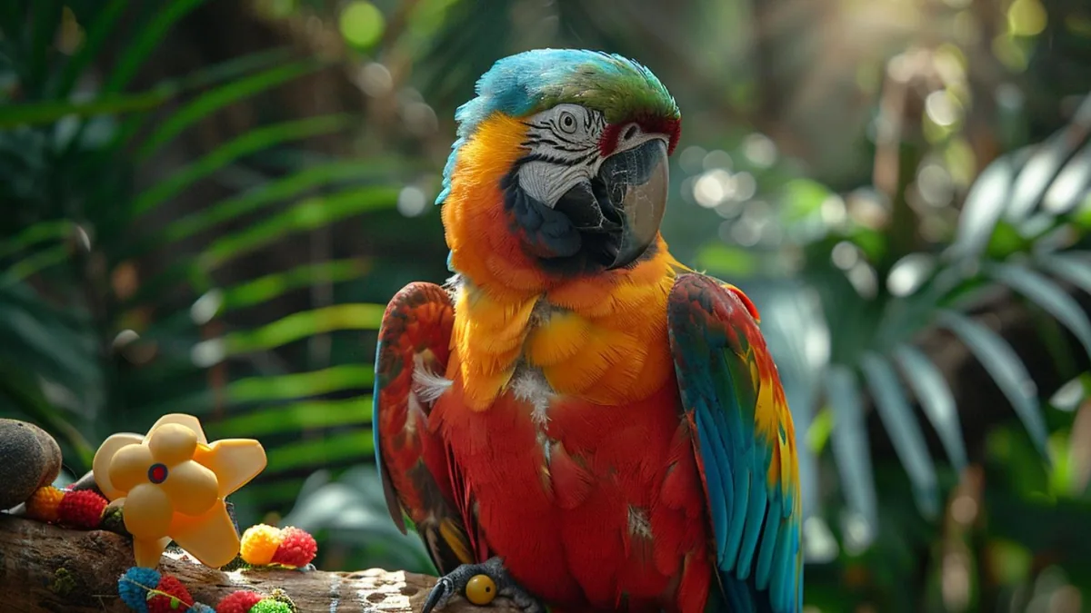 Perroquet coloré manipulant un jouet de recherche alimentaire sur un perchoir intérieur
