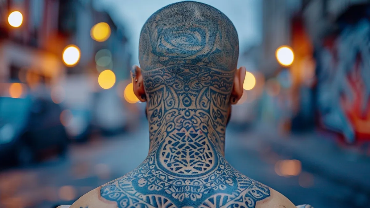 Portrait de profil d’un homme adulte avec petit tatouage géométrique sur le côté du cou