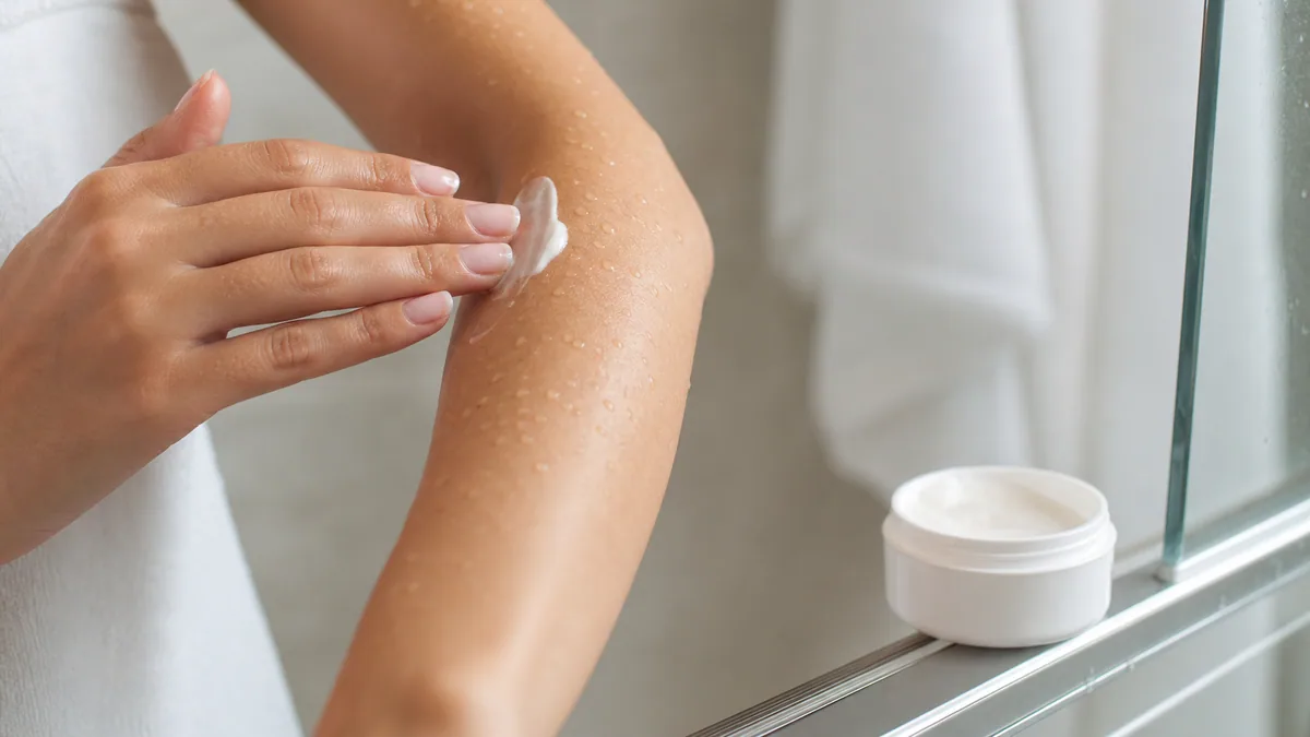 Application d'une crème hydratante sur un avant-bras encore humide après la douche