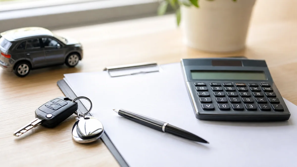 Contrat d'assurance auto et calculatrice posés sur un bureau à côté de clés de voiture