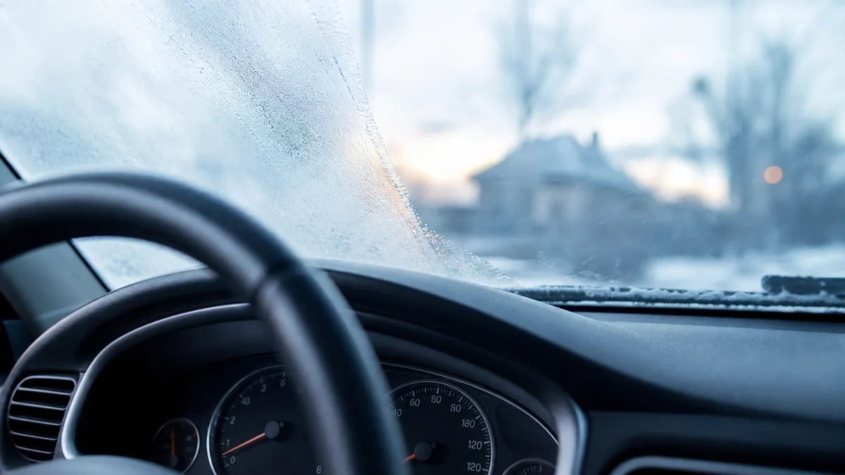 Tableau de bord d'une voiture au démarrage par temps froid, avec de la buée sur le pare-brise