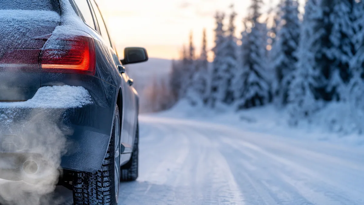 Voiture démarrant tôt le matin en hiver, pare-brise givré et respiration visible du moteur