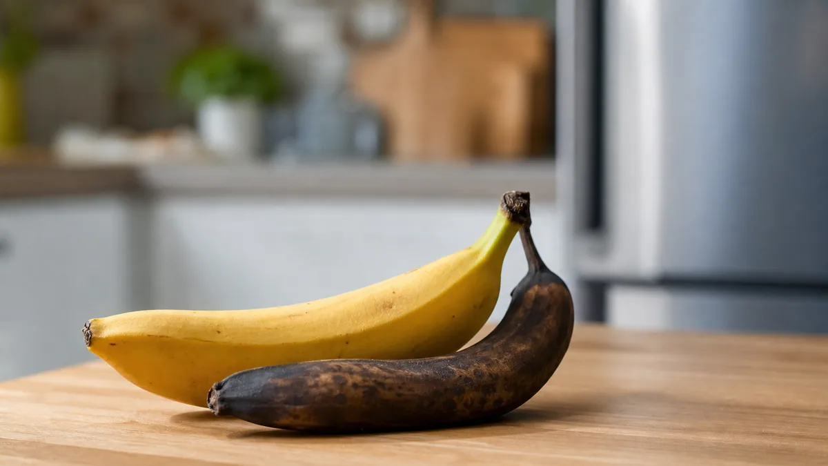 Banane à la peau noircie posée à côté d'une banane jaune sur un plan de travail