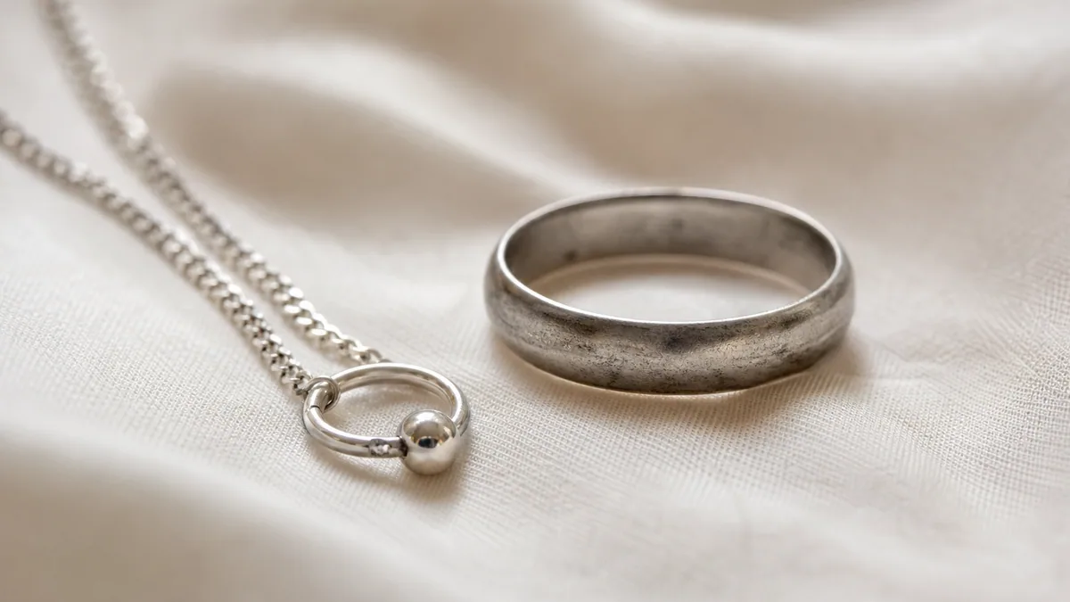 Bague et collier en argent posés sur un tissu, l'un présentant un léger ternissement