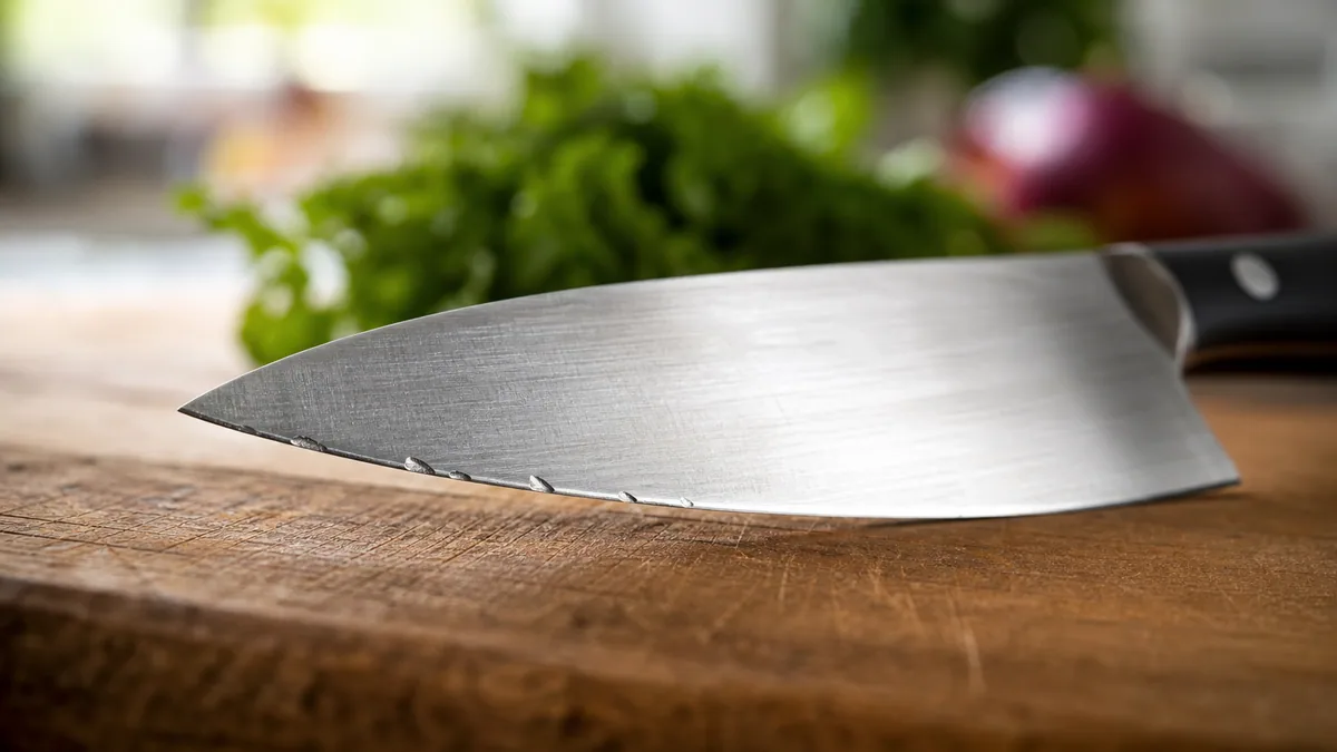 Couteau de chef en acier sur une planche à découper en bois, gros plan sur la lame